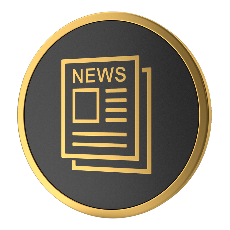 The news icon in a black and gold circle.